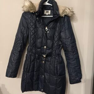 Laundry By shelli segal Navy Coat with detachable fur hood